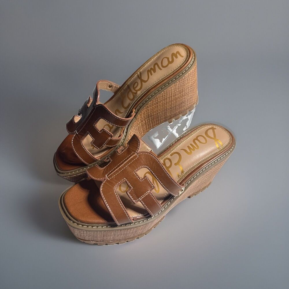 NWOB $129 Sam Edelman Laine Platform Leather Cognac Wedge Sandals Size 9
